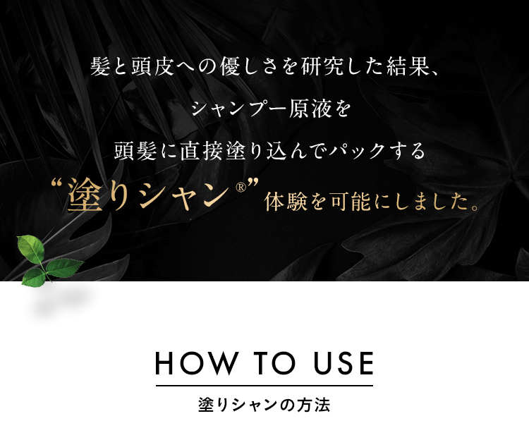 髪と頭皮への優しさを研究した結果、シャンプー原液を頭髪に直接塗り込んでパックする“塗りシャン”体験を可能にしました。