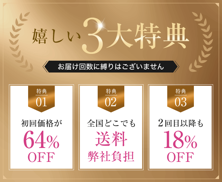 嬉しい3大特典 初回価格が64%OFF・全国どこでも送料弊社負担・2回目以降も18%OFF