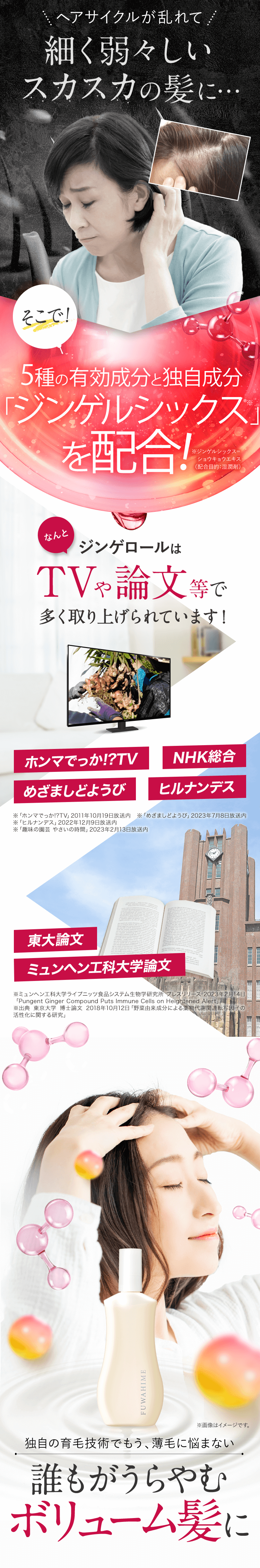 細く弱々しいスカスカの髪に…そこで！5種の有効成分と独自成分ジンゲルシックスを配合！