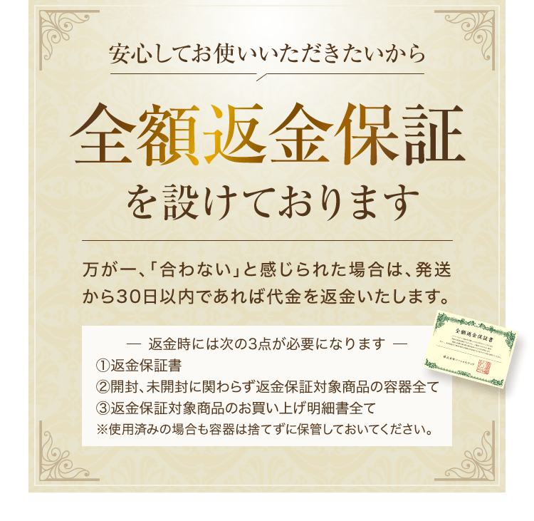 安心してお使いいただきたいから、全額返金保証を設けております