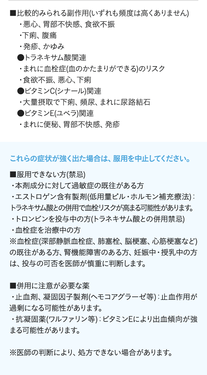 ■比較的みられる副作用(いずれも頻度は高くありません)・悪心、胃部不快感、食欲不振・下痢、腹痛・発疹、かゆみ　●トラネキサム酸関連・まれに血栓症(血のかたまりができる)のリスク・食欲不振、悪心、下痢　●ビタミンC(シナール)関連・大量摂取で下痢、頻尿、まれに尿路結石　●ビタミンE(ユベラ)関連・まれに便秘、胃部不快感、発疹